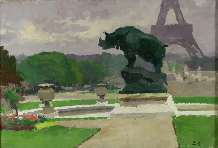 Framed Print : Jardin du Trocadéro avec le Rhinocéros de Jacquemart, 1922. Creator: Jules Ernest Renoux Framed Print : Jardin du Trocadéro avec le Rhinocéros de Jacquemart, 1922. Creator: Jules Ernest Renoux