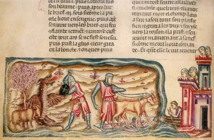Framed Print : Jason in the Argo, yoking the oxen and slaying the dragon, 1340. Creator: Perrin Remy Framed Print : Jason in the Argo, yoking the oxen and slaying the dragon, 1340. Creator: Perrin Remy