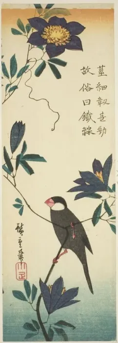 Framed Print : Java sparrow and clematis, 1830s. Creator: Ando Hiroshige Framed Print : Java sparrow and clematis, 1830s. Creator: Ando Hiroshige