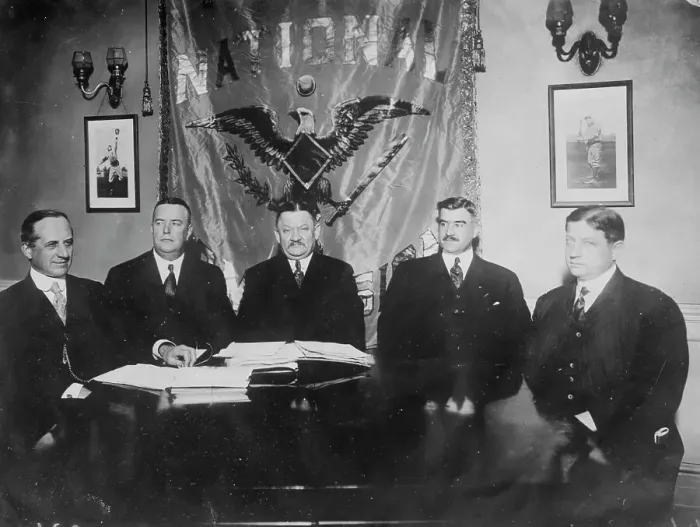 Framed Print : J.E. Bruce, Ban Johnson, A. Herrmann, T.J. Lynch, J.A. Heydler at table together, 1910. Creator: Bain News Service Framed Print : J.E. Bruce, Ban Johnson, A. Herrmann, T.J. Lynch, J.A. Heydler at table together, 1910. Creator: Bain News Service