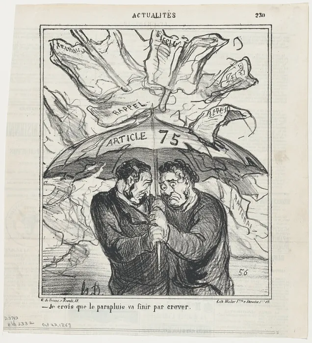 Framed Print : Je crois que la parapluie va finir par crever, 1869. Creator: Honore Daumier Framed Print : Je crois que la parapluie va finir par crever, 1869. Creator: Honore Daumier
