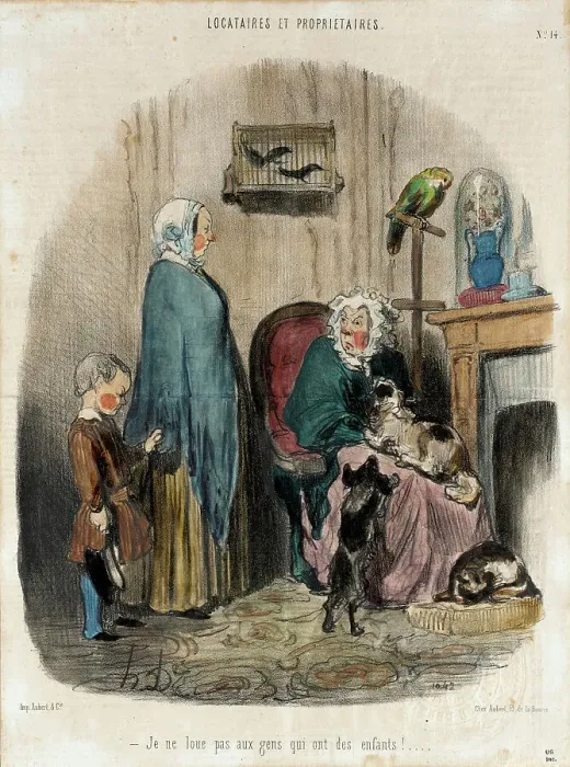 Framed Print : Je ne loue pas aux gens qui ont des enfants!, 1847. Creator: Honore Daumier Framed Print : Je ne loue pas aux gens qui ont des enfants!, 1847. Creator: Honore Daumier
