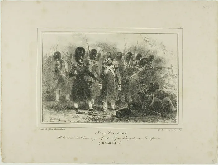 Framed Print : Je n'tire pas! Si la cause était bonne, y n'faudrait pas d'argent pour la défendre. 28 Jui... 1831. Creator: Auguste Raffet Framed Print : Je n'tire pas! Si la cause était bonne, y n'faudrait pas d'argent pour la défendre. 28 Jui... 1831. Creator: Auguste Raffet