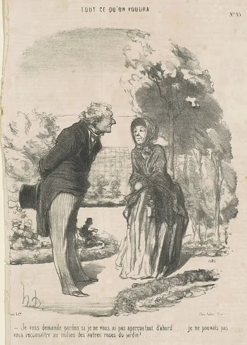 Framed Print : Je vous demande pardon si je ne vous ai pas apercue... 19th century. Creator: Honore Daumier Framed Print : Je vous demande pardon si je ne vous ai pas apercue... 19th century. Creator: Honore Daumier