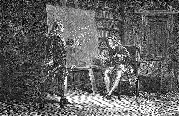 Jean and Jacques Bernoulli working on geometrical problems, 18th century, (1874)