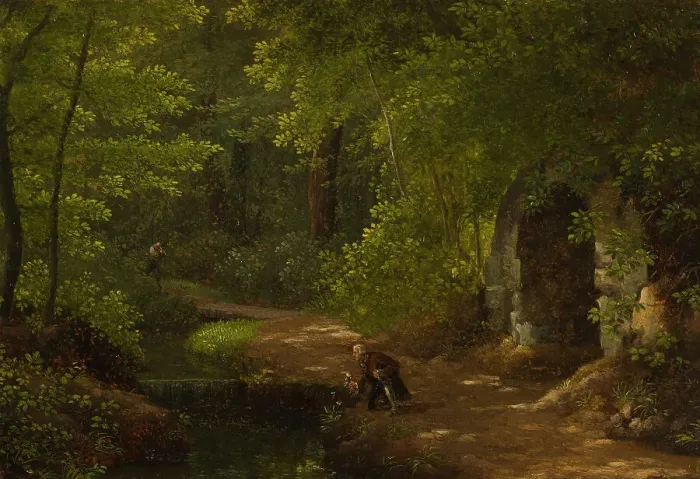 Framed Print : Jean-Jacques Rousseau picking flowers at the bubbling spring near the grotto in the northern park... Creator: Alexandre Haycinthe Dunouy Framed Print : Jean-Jacques Rousseau picking flowers at the bubbling spring near the grotto in the northern park... Creator: Alexandre Haycinthe Dunouy
