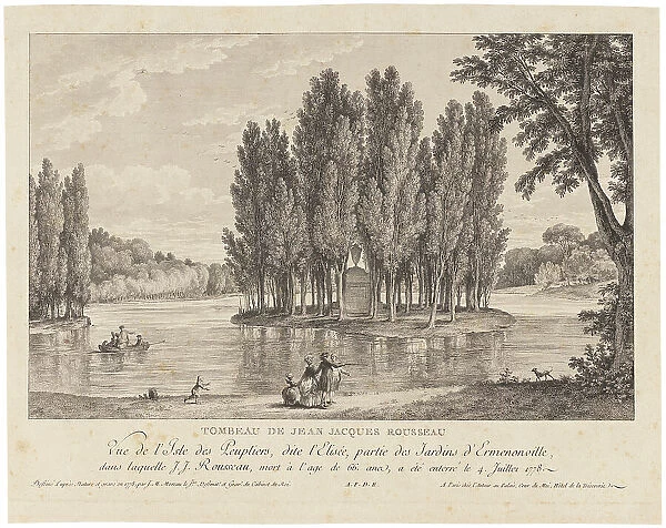 Jean Jacques Rousseau's grave care. View of L'île des Peupliers, called L'Elisée, the park... 1778. Creator: Jean-Michel Moreau