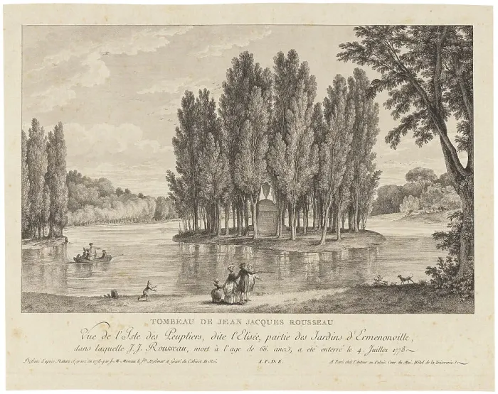 Framed Print : Jean Jacques Rousseau's grave care. View of L'île des Peupliers, called L'Elisée, the park... 1778. Creator: Jean-Michel Moreau Framed Print : Jean Jacques Rousseau's grave care. View of L'île des Peupliers, called L'Elisée, the park... 1778. Creator: Jean-Michel Moreau