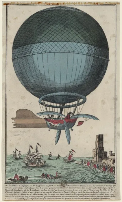Framed Print : Jean Pierre Blanchard and John Jefferies arriving in Calais after crossing the English Channel in a hot air balloon, 1785. Artist: Anonymous Framed Print : Jean Pierre Blanchard and John Jefferies arriving in Calais after crossing the English Channel in a hot air balloon, 1785. Artist: Anonymous