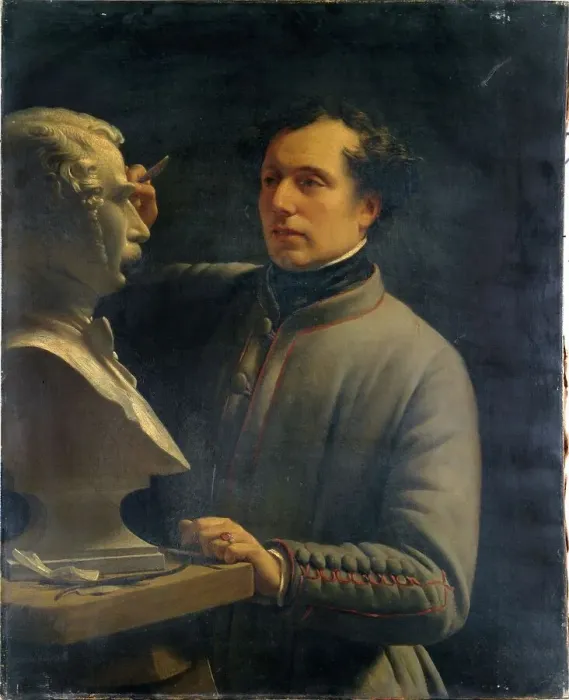Framed Print : Jean-Pierre Dantan (1800-1869), sculptor, modeling the bust of Pérignon, in 1848. Creator: Unknown Framed Print : Jean-Pierre Dantan (1800-1869), sculptor, modeling the bust of Pérignon, in 1848. Creator: Unknown