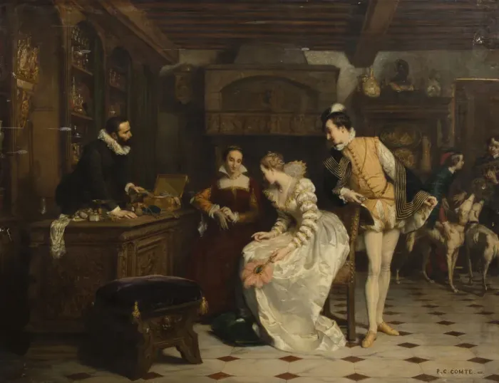 Framed Print : Jeanne d Albret Buying Poisoned Gloves from Catherine de Medicis Parfumeur... 1852-1858 Framed Print : Jeanne d Albret Buying Poisoned Gloves from Catherine de Medicis Parfumeur... 1852-1858