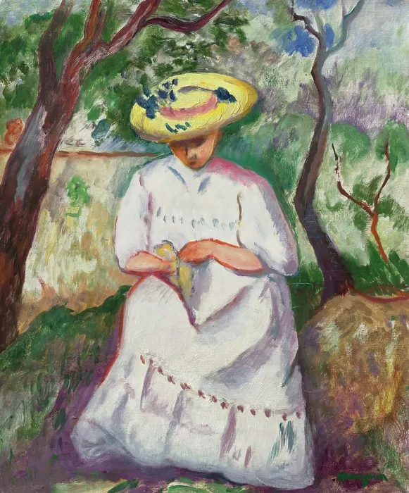 Framed Print : Jeanne sewing under a cork oak, Villa Demiere, 1907. Creator: Manguin, Henri Charles (1874-1949) Framed Print : Jeanne sewing under a cork oak, Villa Demiere, 1907. Creator: Manguin, Henri Charles (1874-1949)