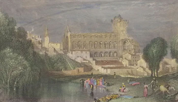 Framed Print : Jedburgh Abbey, 1833. Creator: Robert Brandard Framed Print : Jedburgh Abbey, 1833. Creator: Robert Brandard