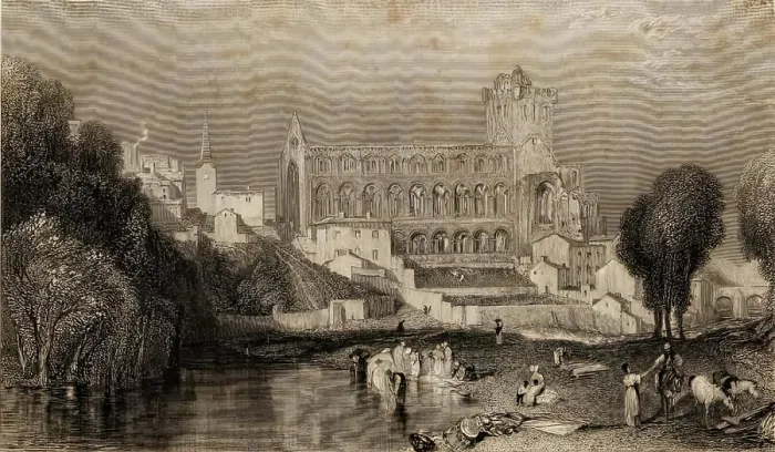 Framed Print : Jedburgh Abbey, 1833. Creator: Robert Brandard Framed Print : Jedburgh Abbey, 1833. Creator: Robert Brandard