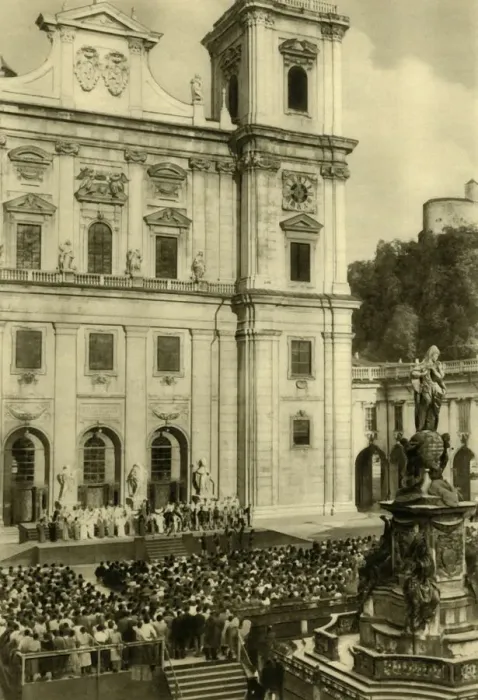 Framed Print : Jedermann performed in front of Salzburg Cathedral, Salzburg, Austria, c1935 Framed Print : Jedermann performed in front of Salzburg Cathedral, Salzburg, Austria, c1935