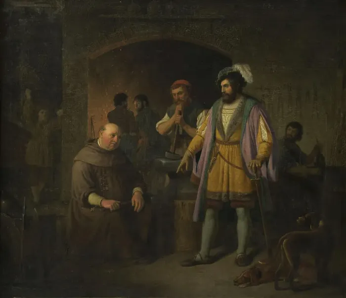 Framed Print : Jens Holgersen Ulfstand cures the abbot of Bækkeskov of his obesity by forcing him to work... 1845. Creator: Peter Raadsig Framed Print : Jens Holgersen Ulfstand cures the abbot of Bækkeskov of his obesity by forcing him to work... 1845. Creator: Peter Raadsig