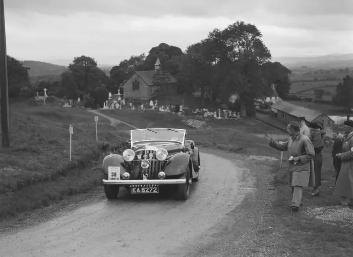 Framed Print : Jensen open 4-seater of Ken Crawford competing in the South Wales Auto Club Welsh Rally Framed Print : Jensen open 4-seater of Ken Crawford competing in the South Wales Auto Club Welsh Rally