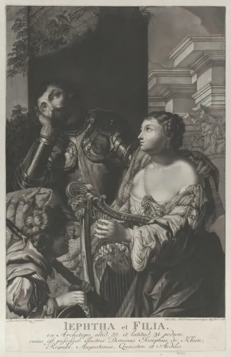 Framed Print : Jephtha dressed in armor looking up in despair, and his daughter holds a harp at right, 1775. Creator: Johann Elias Haid Framed Print : Jephtha dressed in armor looking up in despair, and his daughter holds a harp at right, 1775. Creator: Johann Elias Haid