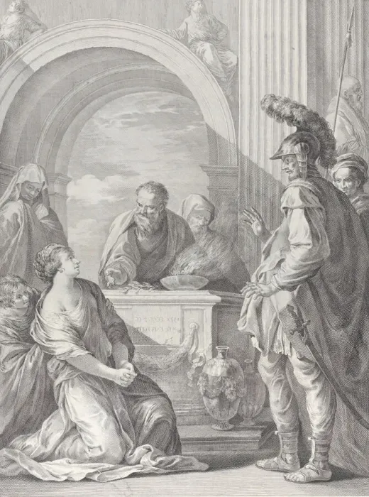 Framed Print : Jephthahs daughter kneeling by the sacrificial altar, with her father standing at righ Framed Print : Jephthahs daughter kneeling by the sacrificial altar, with her father standing at righ