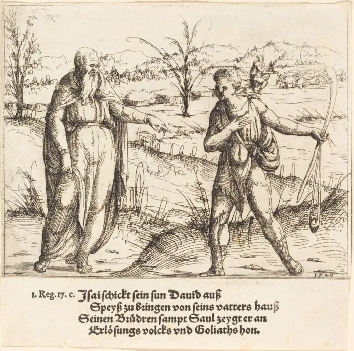 Framed Print : Jesse Sends David to His Brothers and Saul, 1548. Creator: Augustin Hirschvogel Framed Print : Jesse Sends David to His Brothers and Saul, 1548. Creator: Augustin Hirschvogel
