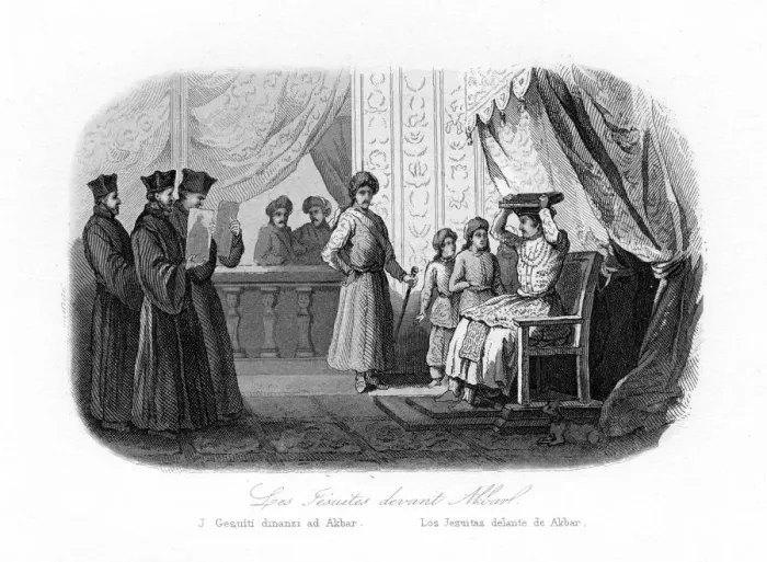 Framed Print : Jesuits in front of Akbar, 1580s, (c1840). Artist: N Remond Framed Print : Jesuits in front of Akbar, 1580s, (c1840). Artist: N Remond