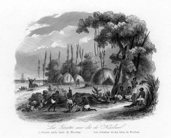 Framed Print : Jesuits in the Nicobar Islands, India, c1840. Artist: N Remond Framed Print : Jesuits in the Nicobar Islands, India, c1840. Artist: N Remond