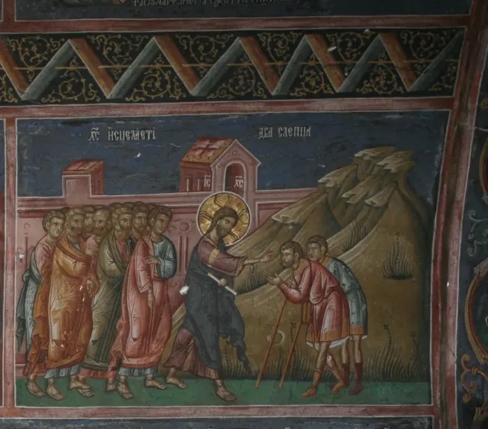 Framed Print : Jesus healing two blind men, 14th century. Artist: Anonymous Framed Print : Jesus healing two blind men, 14th century. Artist: Anonymous