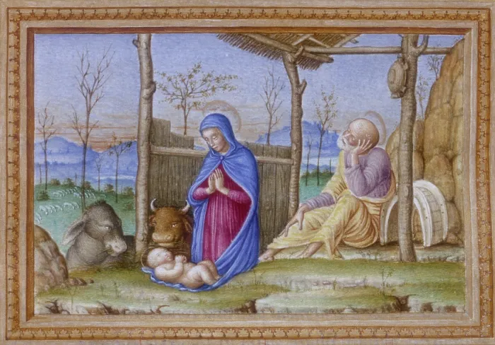 Framed Print : Jesus, Mary and Joseph in the stable, 15th century? Creator: Unknown Framed Print : Jesus, Mary and Joseph in the stable, 15th century? Creator: Unknown