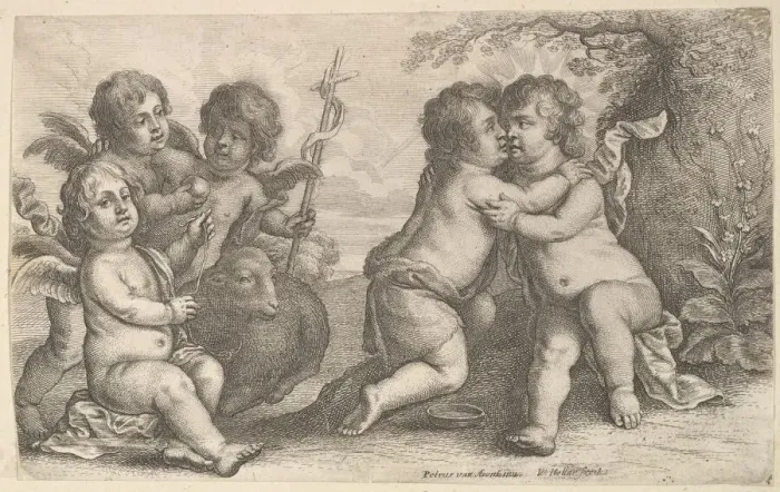 Framed Print : Jesus and St. John embracing, with Cherubs, 1646. Creator: Wenceslaus Hollar Framed Print : Jesus and St. John embracing, with Cherubs, 1646. Creator: Wenceslaus Hollar