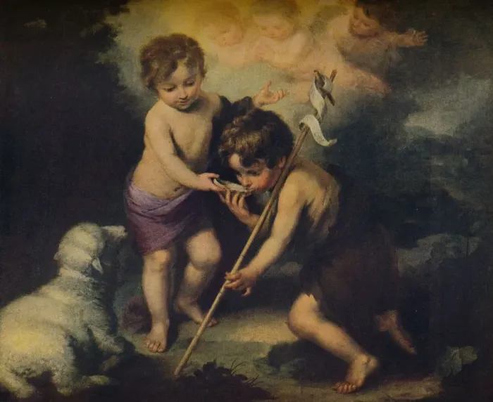 Framed Print : Jesus y Juan El Bautista Ninos, (Jesus and John the Baptist, children), 1670, (c1934). Artist: Bartolome Esteban Murillo Framed Print : Jesus y Juan El Bautista Ninos, (Jesus and John the Baptist, children), 1670, (c1934). Artist: Bartolome Esteban Murillo