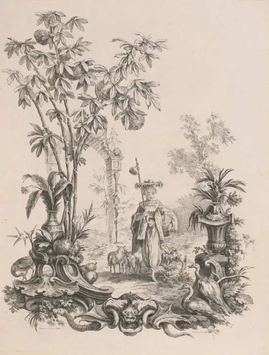 Framed Print : Jeune Chinoise marchant, entouree de ses moutons, ca. 1740-50 Framed Print : Jeune Chinoise marchant, entouree de ses moutons, ca. 1740-50