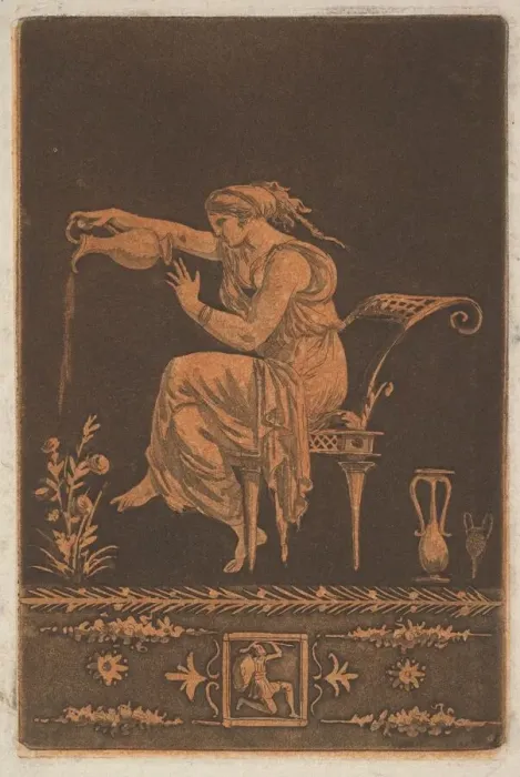 Framed Print : Jeune femme drapee, assise, arrosant une plante (Young draped woman, seated Framed Print : Jeune femme drapee, assise, arrosant une plante (Young draped woman, seated