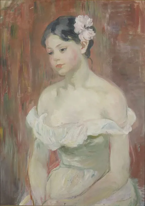 Framed Print : Jeune fille au décolleté, la fleur aux cheveux, 1893. Creator: Berthe Morisot Framed Print : Jeune fille au décolleté, la fleur aux cheveux, 1893. Creator: Berthe Morisot