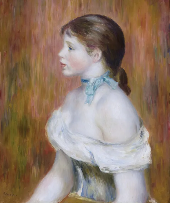 Framed Print : Jeune fille au ruban bleu (Girl with blue ribbon), 1888. Creator: Renoir, Pierre Auguste (1841-1919) Framed Print : Jeune fille au ruban bleu (Girl with blue ribbon), 1888. Creator: Renoir, Pierre Auguste (1841-1919)