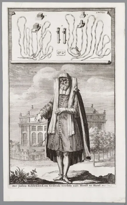 Framed Print : Jewish man, dressed for prayer. On the background the Portuguese Synagogue of Amsterdam. Artist: Luyken, Jan (Johannes) (1649-1712) Framed Print : Jewish man, dressed for prayer. On the background the Portuguese Synagogue of Amsterdam. Artist: Luyken, Jan (Johannes) (1649-1712)