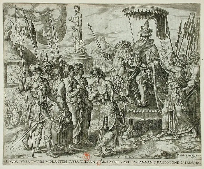 Framed Print : The Three Jews Brought Before Nebuchadnezzar, 1565. Creator: Philip Galle Framed Print : The Three Jews Brought Before Nebuchadnezzar, 1565. Creator: Philip Galle