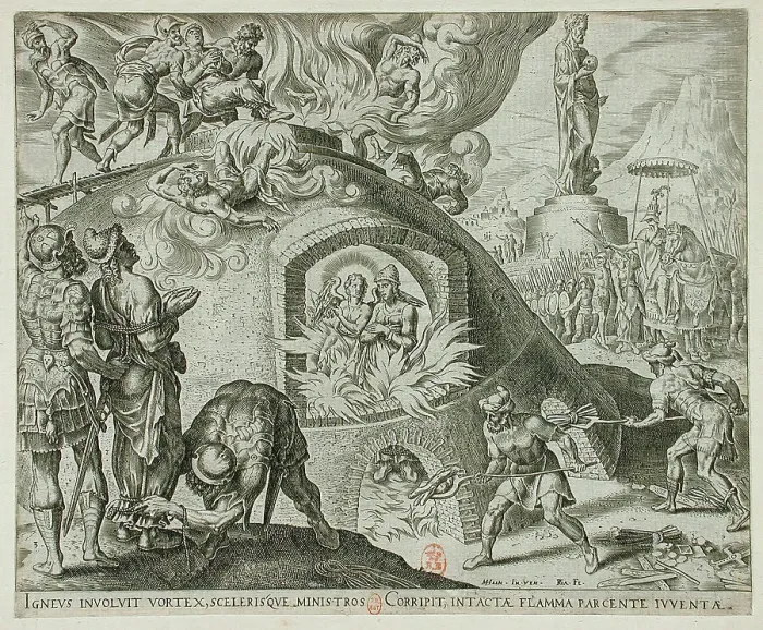 Framed Print : The Three Jews Cast into the Fiery Furnace, 1565. Creator: Philip Galle Framed Print : The Three Jews Cast into the Fiery Furnace, 1565. Creator: Philip Galle