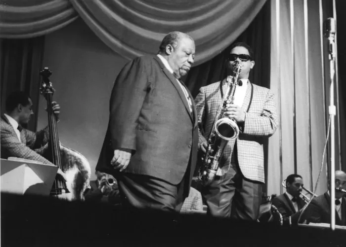Framed Print : Jimmy Rushing and the Basie Band; with Frank Wess, London, 1963. Creator: Brian Foskett Framed Print : Jimmy Rushing and the Basie Band; with Frank Wess, London, 1963. Creator: Brian Foskett