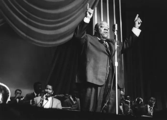 Framed Print : Jimmy Rushing with the Basie Band, London, 1963. Creator: Brian Foskett Framed Print : Jimmy Rushing with the Basie Band, London, 1963. Creator: Brian Foskett