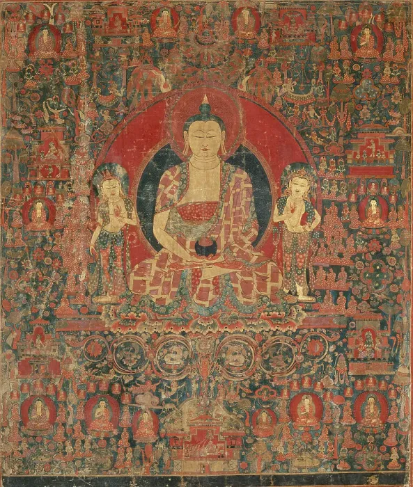 Framed Print : The Jina Buddha of Infinite Light (Amitabha) in His Pure Land Paradise (Sukhavati), 15th century. Creator: Anon Framed Print : The Jina Buddha of Infinite Light (Amitabha) in His Pure Land Paradise (Sukhavati), 15th century. Creator: Anon