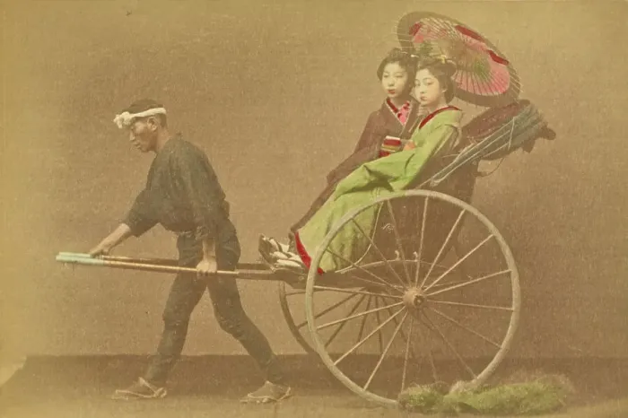Framed Print : Jinrikisha Carrying Two Japanese Ladies, 1897. Creator: Ogawa Kazumasa Framed Print : Jinrikisha Carrying Two Japanese Ladies, 1897. Creator: Ogawa Kazumasa