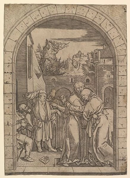 Joachim embracing Saint Anne under the golden gate in Jerusalem, after Dürer, ca