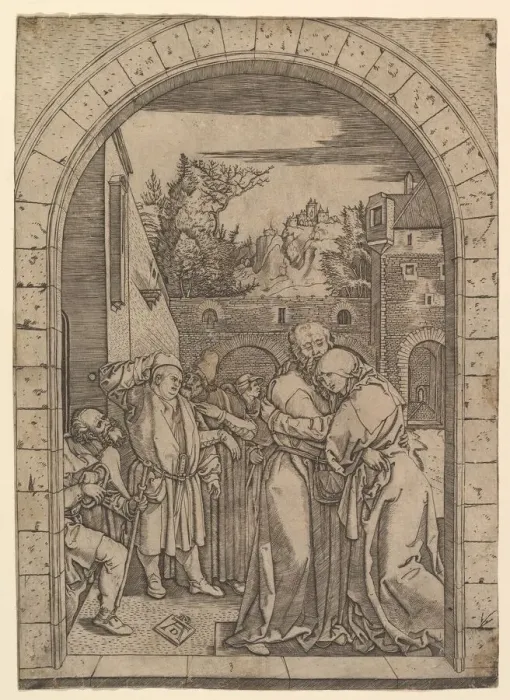 Framed Print : Joachim embracing Saint Anne under the golden gate in Jerusalem, after Dürer, ca