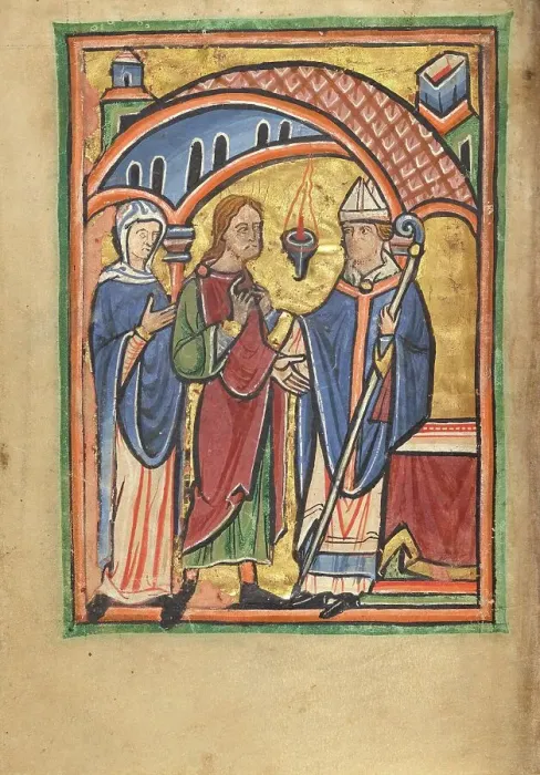 Framed Print : Joachim and Saint Anne before the High Priest; Illustrated Vita Christi... about 1190-1200. Creator: Unknown Framed Print : Joachim and Saint Anne before the High Priest; Illustrated Vita Christi... about 1190-1200. Creator: Unknown