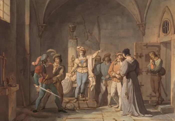 Framed Print : Joan of Arc Imprisoned in Rouen, 1819. Creator: Pierre Henri Revoil