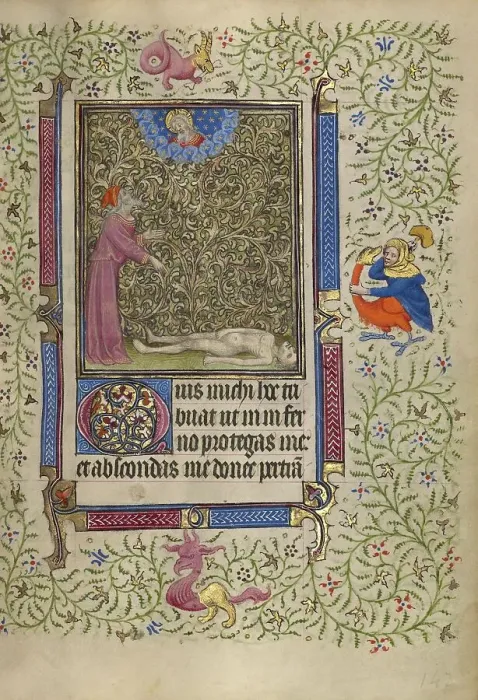 Framed Print : Job Pointing to a Corpse on the Ground; Book of Hours, about 1410. Creator: Unknown Framed Print : Job Pointing to a Corpse on the Ground; Book of Hours, about 1410. Creator: Unknown