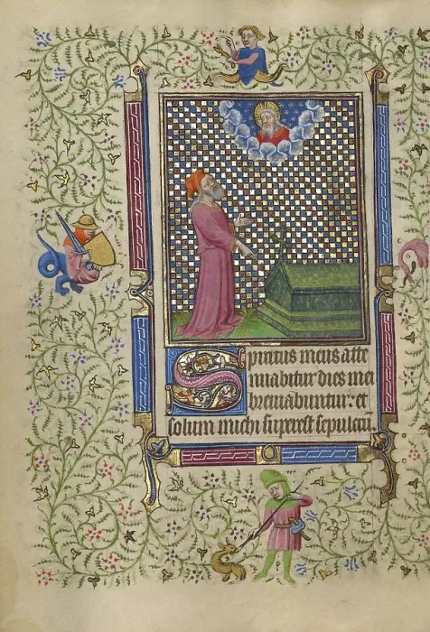 Framed Print : Job Pointing to a Grave; Book of Hours, about 1410. Creator: Unknown Framed Print : Job Pointing to a Grave; Book of Hours, about 1410. Creator: Unknown