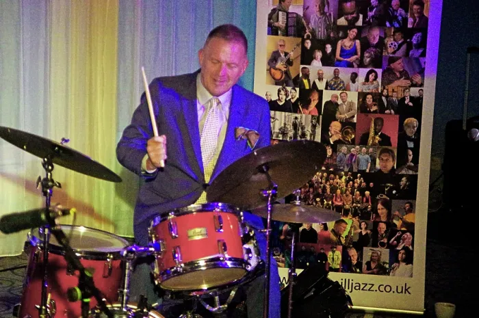 Framed Print : Joe Farnsworth, Joe Farnsworth-Sara Hanahan Quartet, Watermill Jazz Club, Dorking, Surrey, 2024. Creator: Brian O'Connor. Joe Farnsworth, Joe Farnsworth-Sara Hanahan Quartet, Watermill Jazz Club, Dorking, Surrey, 2024. Creator: Brian O'Connor