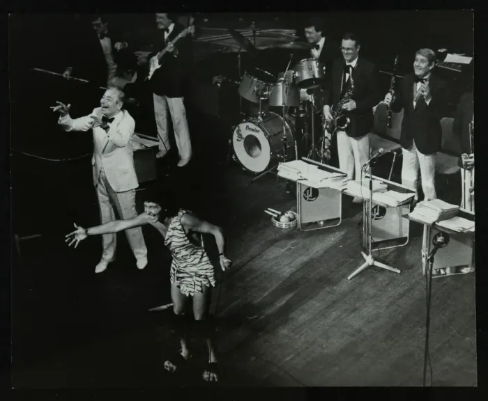 Framed Print : Joe Loss (left) on stage with his orchestra at the Forum Theatre, Hatfield, Hertfordshire, 1986 Framed Print : Joe Loss (left) on stage with his orchestra at the Forum Theatre, Hatfield, Hertfordshire, 1986