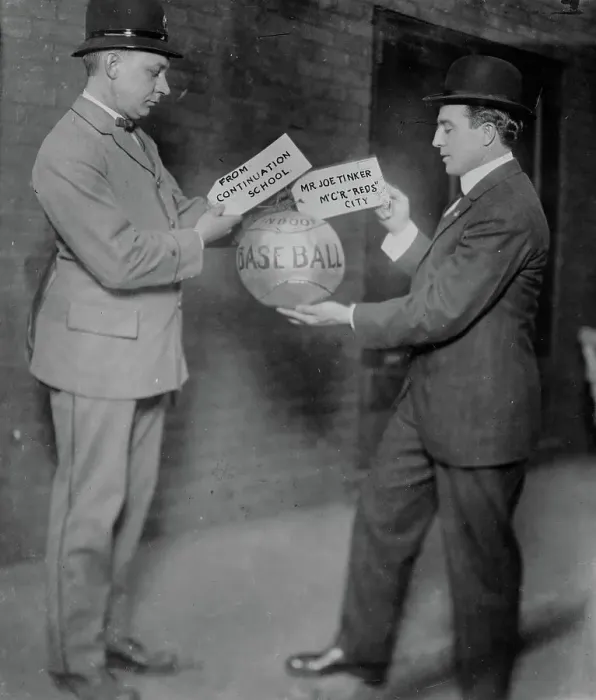 Framed Print : Joe Tinker receiving medicine ball sent by Continuation School 1913, 1913. Creator: Bain News Service Framed Print : Joe Tinker receiving medicine ball sent by Continuation School 1913, 1913. Creator: Bain News Service